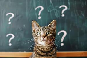 a cat sitting with question marks on black board. photo