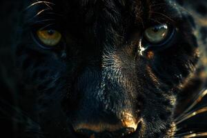 close up eye of a leopard, feared shock face, full head deep forest color scheme, photo