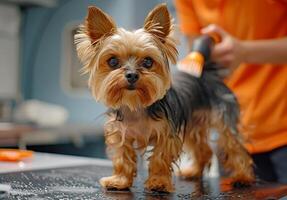 Yorkshire Terrier in taking shower. Dog's bathing at Pet Spa Grooming Salon . photo