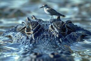 a crocodile and nostrils showing above the water on the crocodile's head. photo