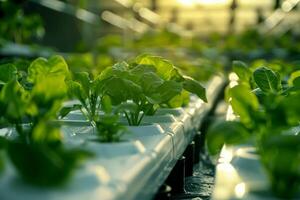 Healthy hydroponic vegetables growing in plastic pipes filled with fertile water on Smart farm with a modern agricultural hydroponic system. The latest smart farming concept. photo