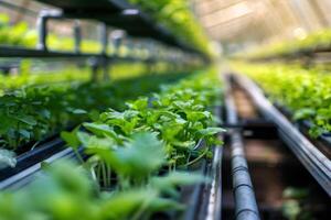 Healthy hydroponic vegetables growing in plastic pipes filled with fertile water on Smart farm with a modern agricultural hydroponic system. The latest smart farming concept. photo