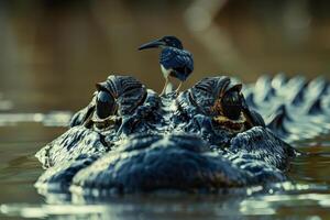 a crocodile and nostrils showing above the water on the crocodile's head. photo