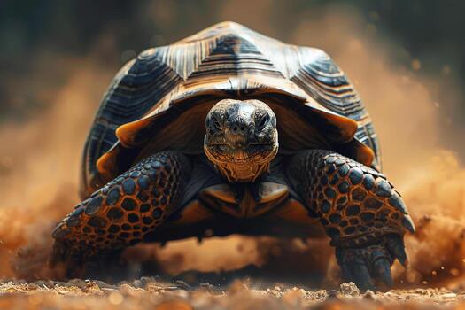 a fast turtle running at full speed in the desert. . photo