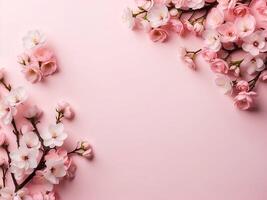 flat lay photo of sakura flowers cherry blossoms on bottom left and bottom right of a flat soft pink background with copy space in the middle