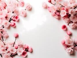 flat lay photo of sakura flowers cherry blossoms on bottom left and bottom right of a flat soft pink background with copy space in the middle