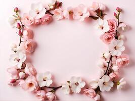 flat lay photo of sakura flowers cherry blossoms on bottom left and bottom right of a flat soft pink background with copy space in the middle