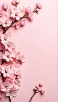 flat lay photo of sakura flowers cherry blossoms on bottom left and bottom right of a flat soft pink background with copy space in the middle