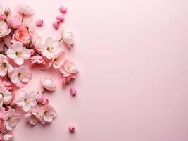 flat lay photo of sakura flowers cherry blossoms on bottom left and bottom right of a flat soft pink background with copy space in the middle