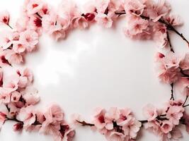 flat lay photo of sakura flowers cherry blossoms on bottom left and bottom right of a flat soft pink background with copy space in the middle
