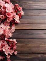 flat lay photo of sakura flowers cherry blossoms on bottom left and bottom right of a wooden background with copy space in the middle
