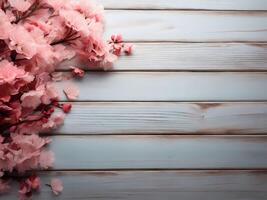 flat lay photo of sakura flowers cherry blossoms on bottom left and bottom right of a wooden background with copy space in the middle