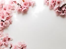 flat lay photo of sakura flowers cherry blossoms on bottom left and bottom right of a flat soft pink background with copy space in the middle