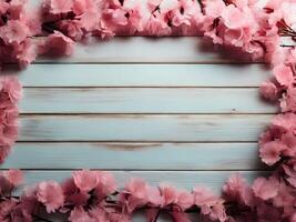 flat lay photo of sakura flowers cherry blossoms on bottom left and bottom right of a wooden background with copy space in the middle