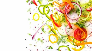 Colorful salad ingredients swirling with space for copy photo