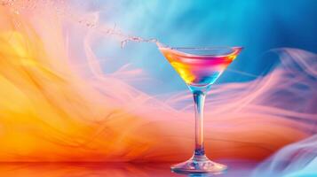 Colorful backdrop with a spinning glass of cocktail in motion photo