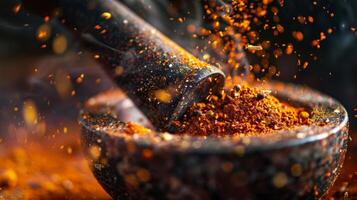 Darkened shape of spices swirling in a mortar and pestle photo