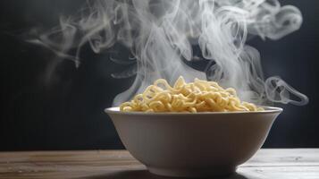 Bowl of steaming ramen noodles rotating with room for text photo