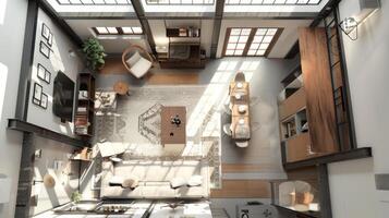 Interior layout demonstrating creative ways to define separate living areas within a space photo