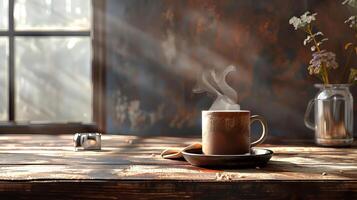 Serene scene with a steaming mug of coffee and space for your personal touch photo