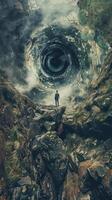 A man stands in front of a large, dark hole in the ground. The sky is cloudy and the man is looking into the hole. Scene is mysterious and ominous photo