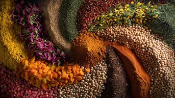 Colorful array of spices spinning in a top-down perspective photo