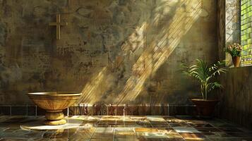 Clean design with room for text next to an image of a Christian baptismal font photo