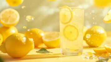 Rotating glass of refreshing lemonade with room for text photo