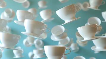 Contemporary composition of levitating tea cups in a scattered pattern photo