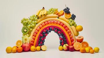 Conceptual image of spinning fruits forming a rainbow, representing diversity and abundance photo