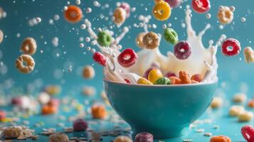 Spinning bowl of colorful cereal with milk photo