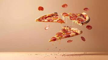 Dynamic copy space with levitating pizza slices for advertising photo