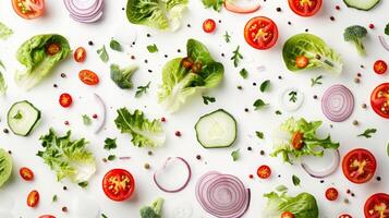 Modern arrangement of spinning salad ingredients in a modern pattern photo