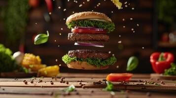Levitating burger ingredients creating a mouthwatering display photo