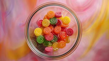 Overhead shot of a spinning bowl of colorful candy photo