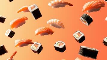 Graceful silhouette of levitating sushi pieces forming a geometric pattern photo