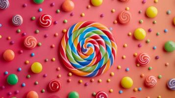 Geometric layout of spinning candies forming a colorful pattern photo