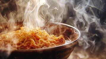 Spinning bowl of noodles portrayed in a steamy watercolor style photo
