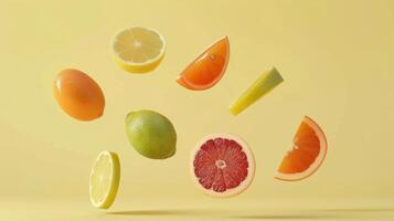 Minimalist poster featuring floating fruit slices with clean typography photo