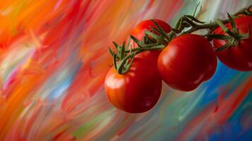 Spinning tomatoes against an abstract background of vibrant hues photo