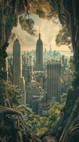 Towering cityscapes framed by natural beauty photo