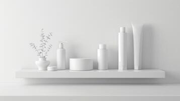 A shelf with a variety of white beauty products, including a bottle of lotion, a bottle of shampoo, and a bottle of conditioner photo