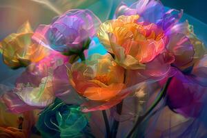 Rainbow-colored flowers transparently arranged in a bouquet photo