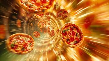 Surreal image of spinning pizzas as discs flying through a psychedelic tunnel photo