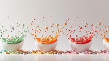 Elegant silhouette of floating bowls of colorful cereal with milk splashes photo