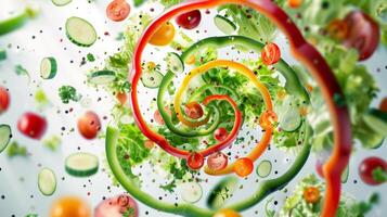 Spinning salad ingredients forming a swirl, representing the joy of healthy eating photo