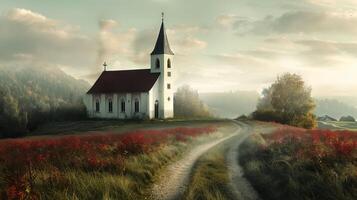 Open area for words alongside an image of a Christian church in a rural landscape photo