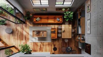 Top-down angle offering a clear view of the spatial layout of interior decor photo