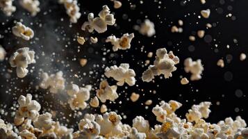 Dynamic silhouette of levitating pieces of popcorn popping photo