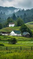 Quaint farmhouses surrounded by rolling hills photo